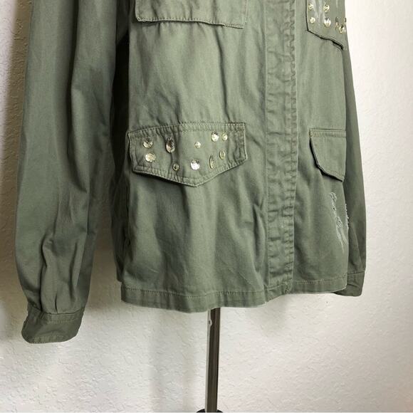 Jean Pascale army green distressed studded snap front shacket size 40 or US 10 - Picture 4 of 16